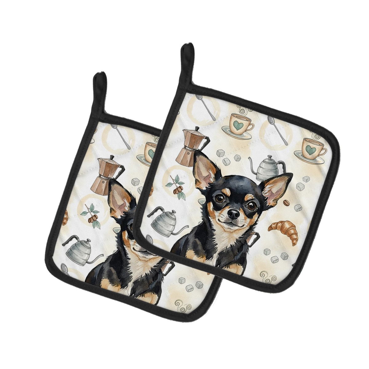 Picture of Carolines Treasures WDK7369PTHD 7.5 x 7.5 in. Black & Tan Chihuahua Coffee Bar Pair of Pot Holders