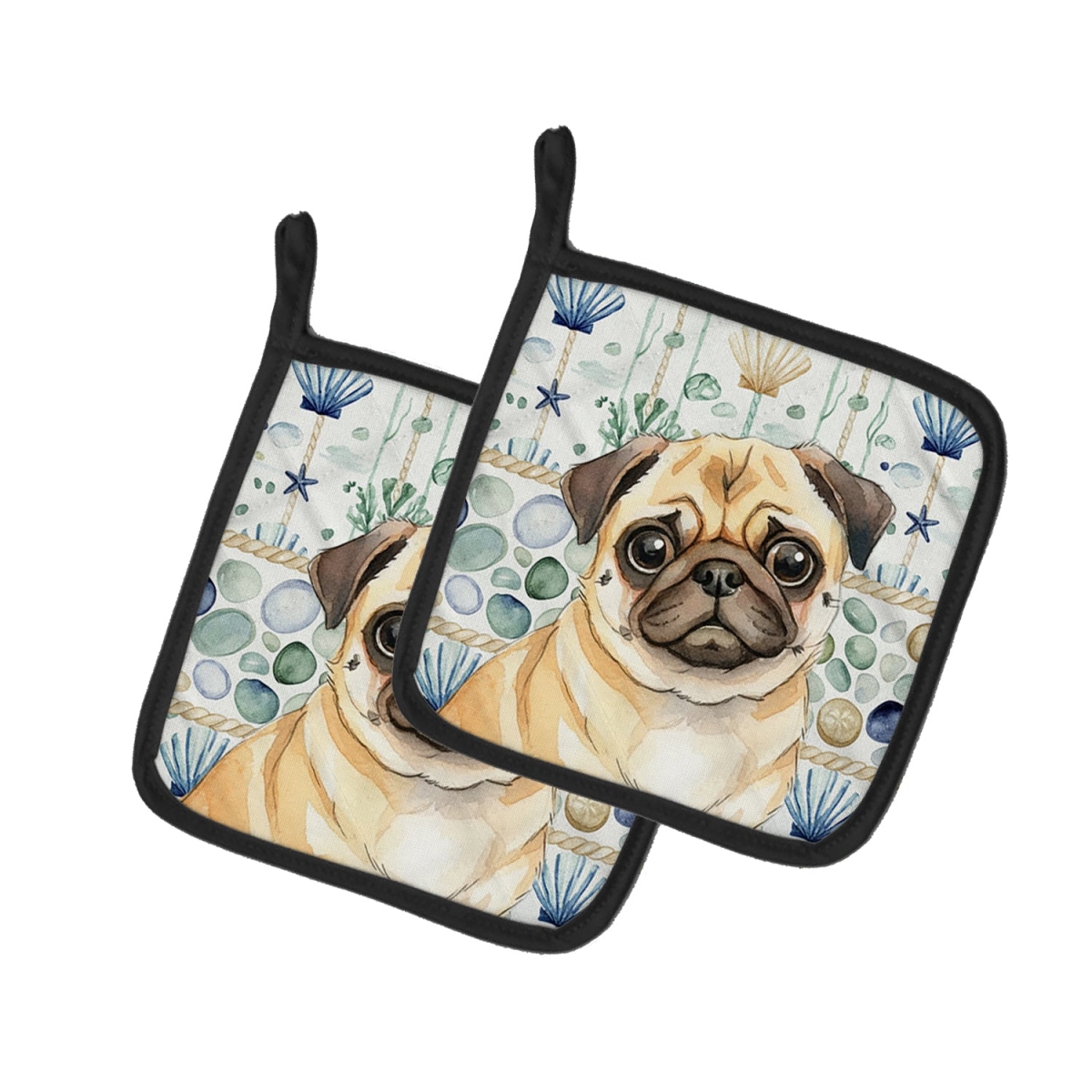 Picture of Carolines Treasures WDK7182PTHD 7.5 x 7.5 in. Fawn Pug Coastal Sea Glass Pair of Pot Holders