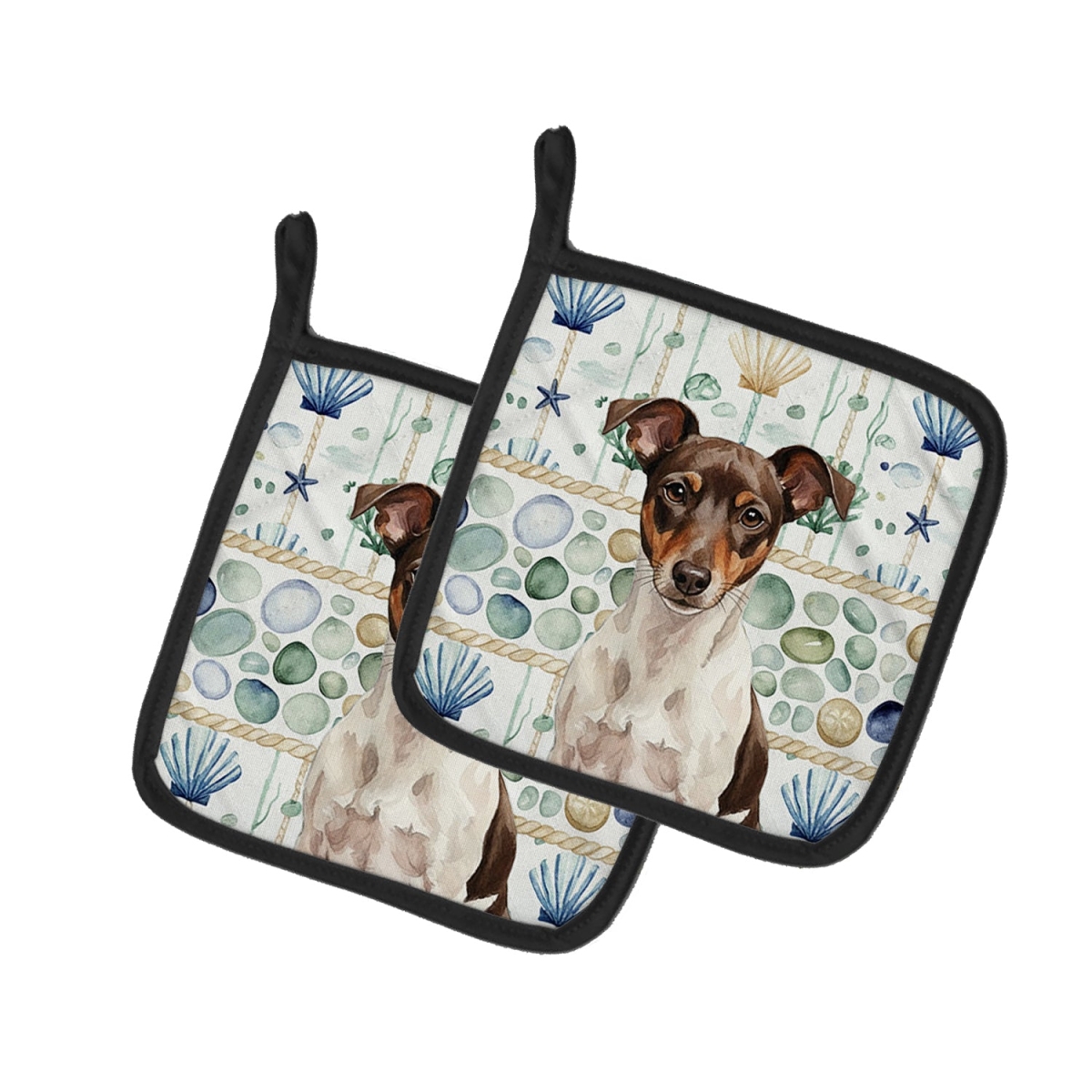 Picture of Carolines Treasures WDK7184PTHD 7.5 x 7.5 in. Chocolate & White Rat Terrier Coastal Sea Glass Pair of Pot Holders