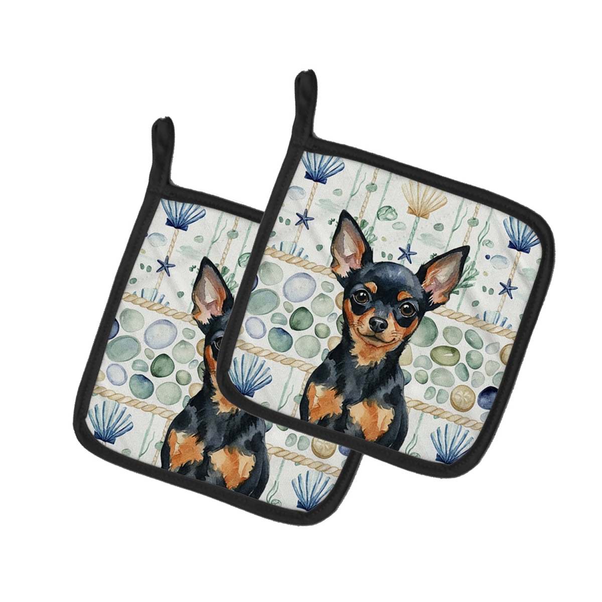 Picture of Carolines Treasures WDK7191PTHD 7.5 x 7.5 in. Black & Tan Russian Toy Coastal Sea Glass Pair of Pot Holders