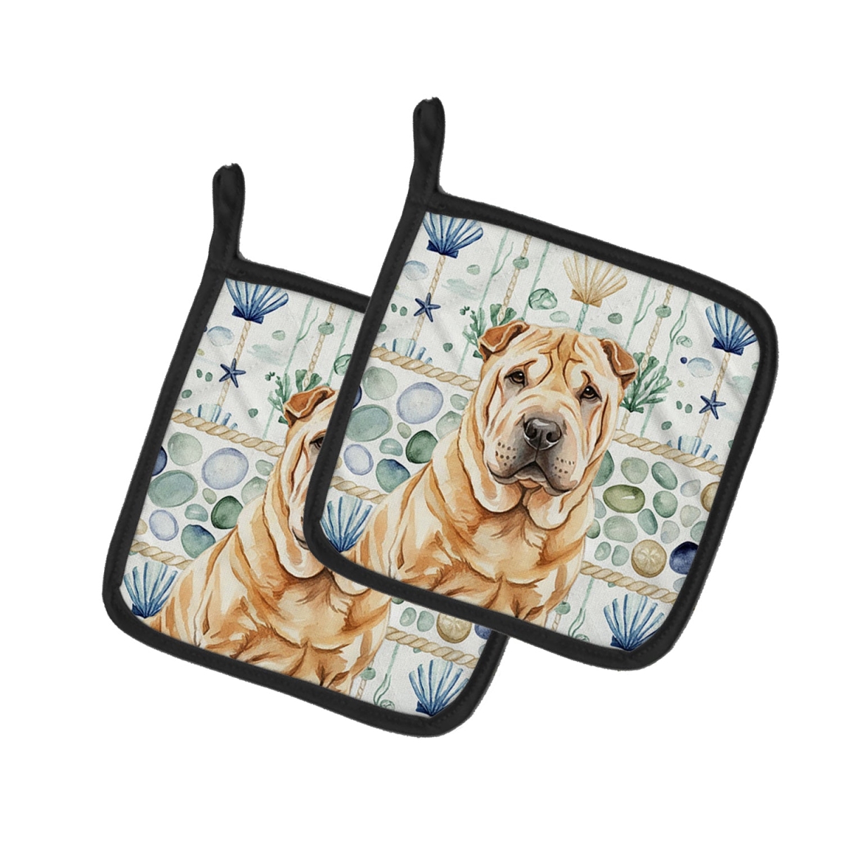 Picture of Carolines Treasures WDK7209PTHD 7.5 x 7.5 in. Red Shar Pei Coastal Sea Glass Pair of Pot Holders