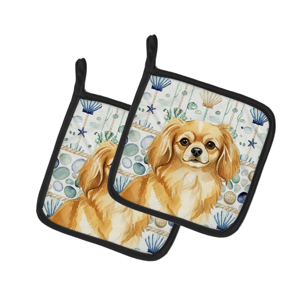 Picture of Carolines Treasures WDK7240PTHD 7.5 x 7.5 in. Gold Tibetan Spaniel Coastal Sea Glass Pair of Pot Holders