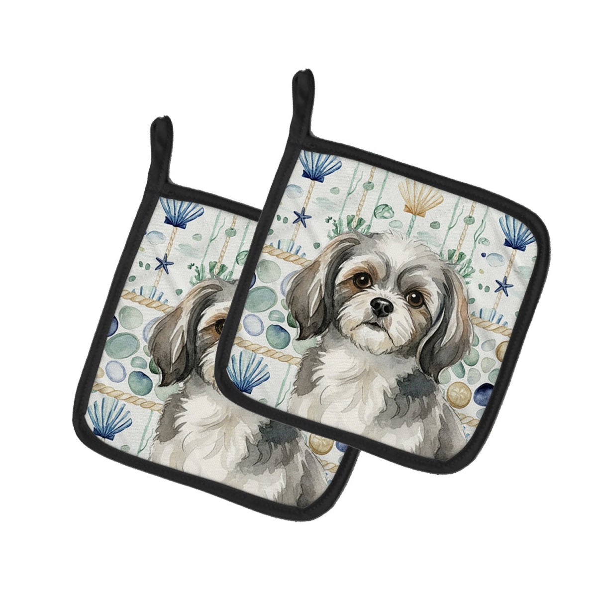 Picture of Carolines Treasures WDK7241PTHD 7.5 x 7.5 in. Gray & White Tibetan Spaniel Coastal Sea Glass Pair of Pot Holders