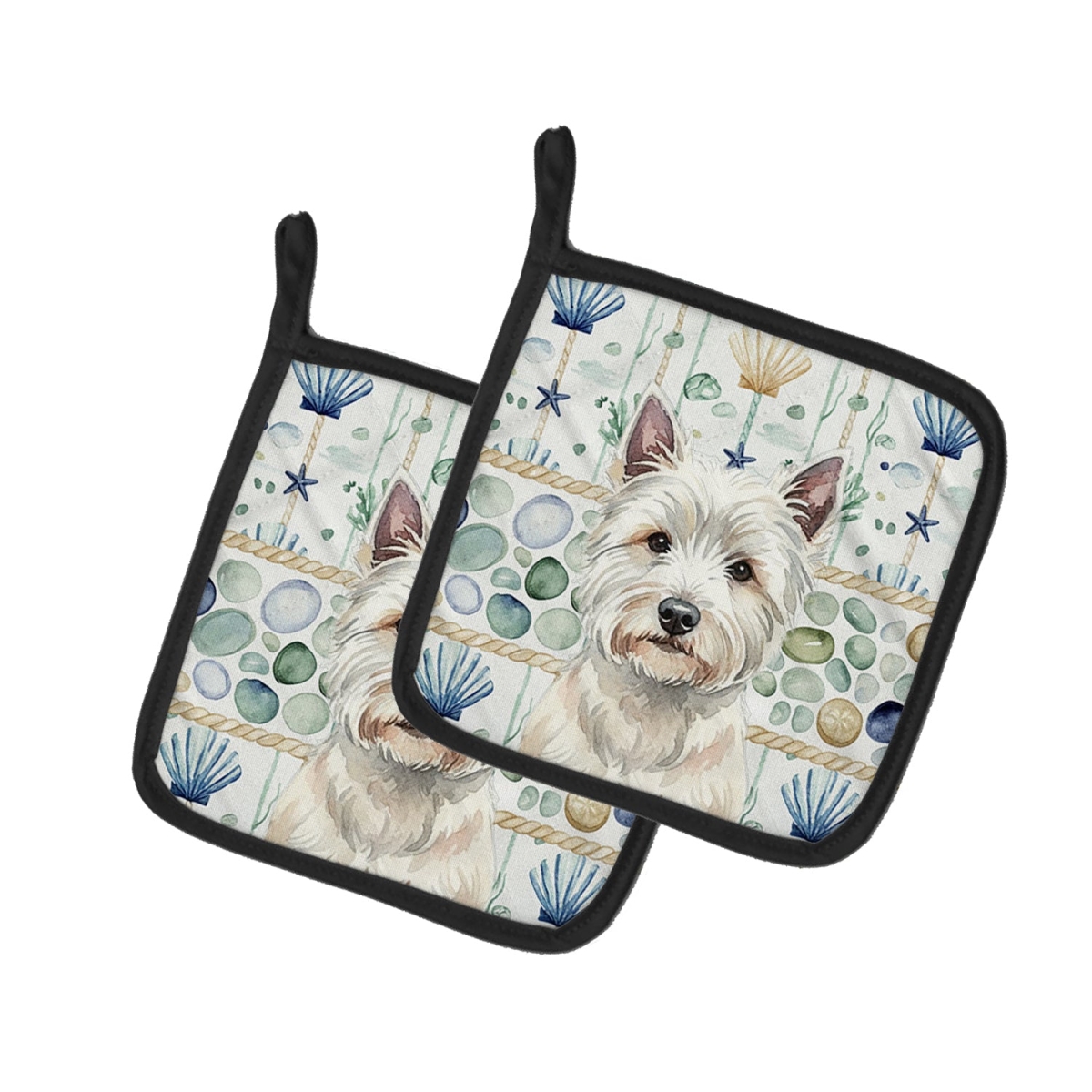 Picture of Carolines Treasures WDK7250PTHD 7.5 x 7.5 in. Westie Coastal Sea Glass Pair of Pot Holders