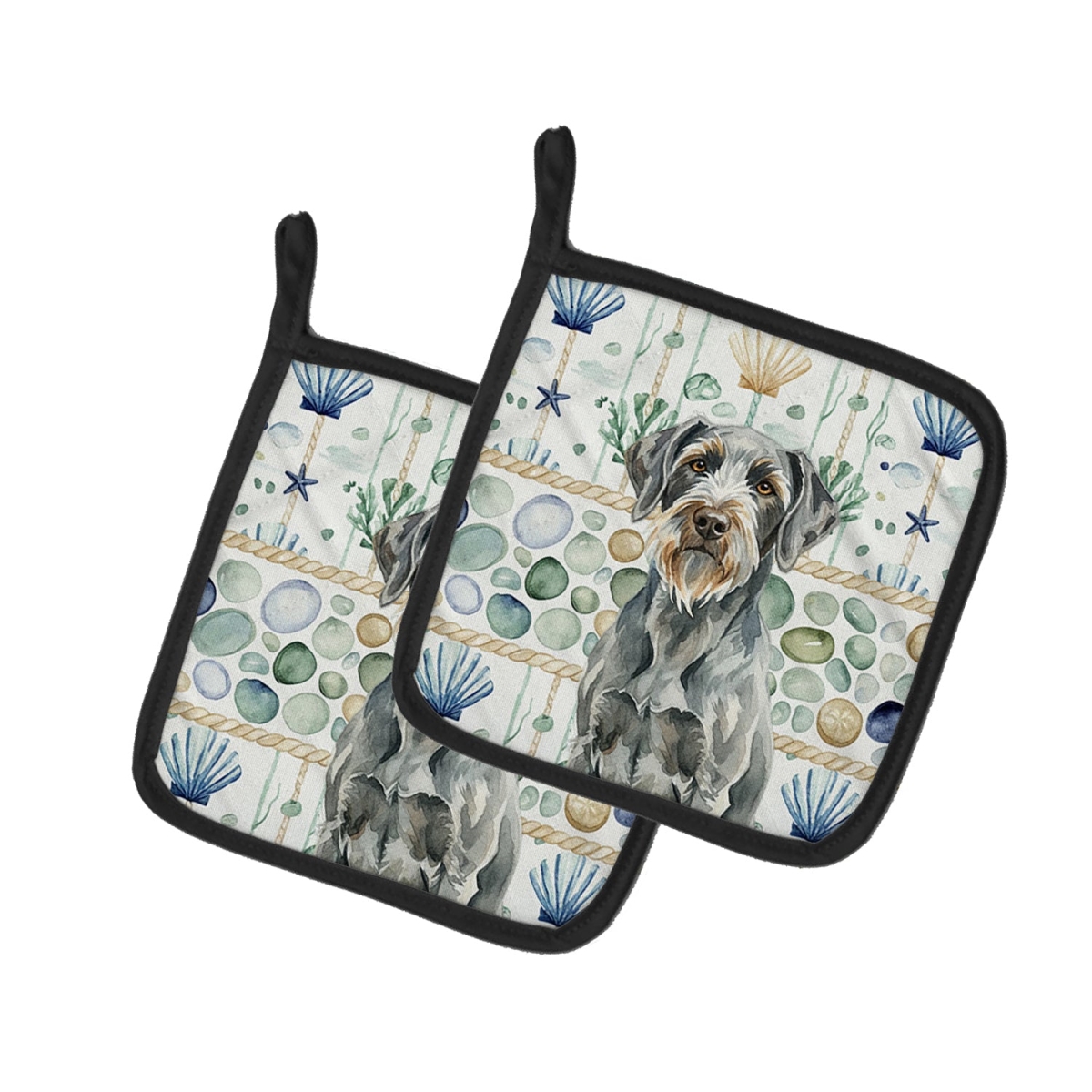 Picture of Carolines Treasures WDK7260PTHD 7.5 x 7.5 in. Steel Gray Wirehaired Pointing Griffon Coastal Sea Glass Pair of Pot Holders
