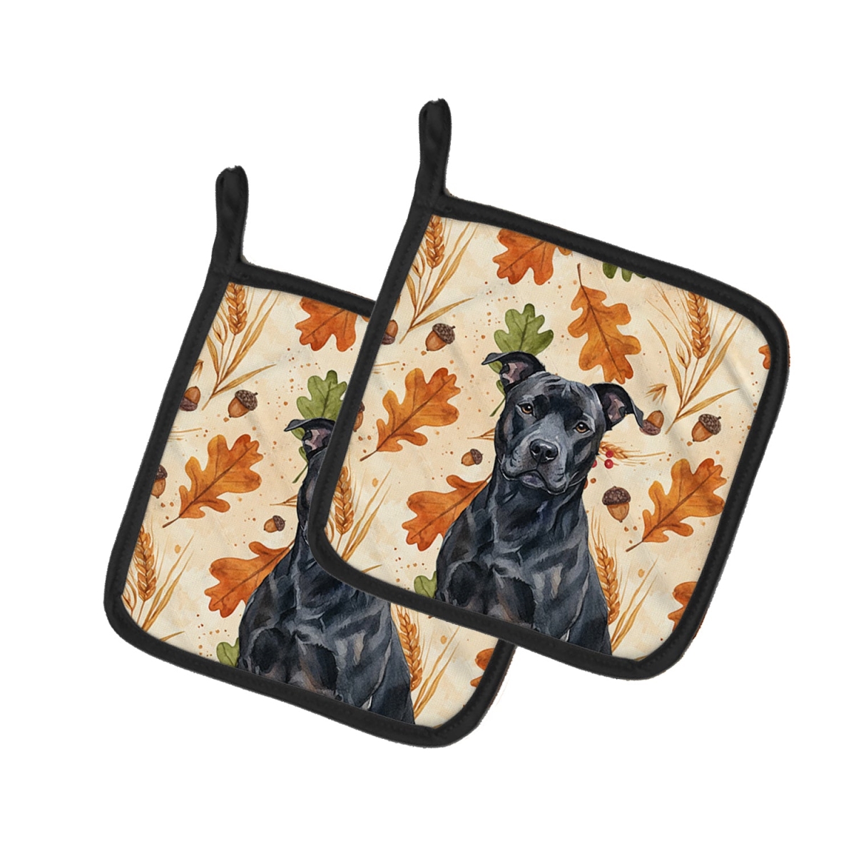 Picture of Carolines Treasures WDK7681PTHD 7.5 x 7.5 in. Black American Staffordshire Terrier Heirloom Fall Pair of Pot Holders