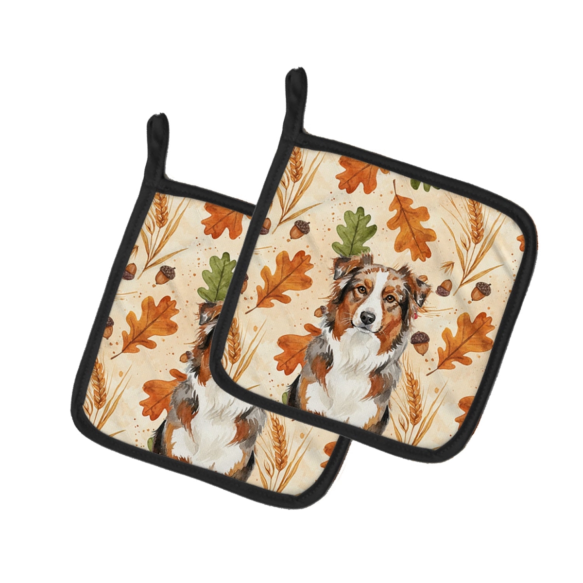 Picture of Carolines Treasures WDK7691PTHD 7.5 x 7.5 in. Red Merle Australian Shepherd Heirloom Fall Pair of Pot Holders