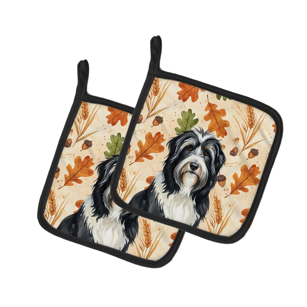 Picture of Carolines Treasures WDK7701PTHD 7.5 x 7.5 in. Black Bearded Collie Heirloom Fall Pair of Pot Holders