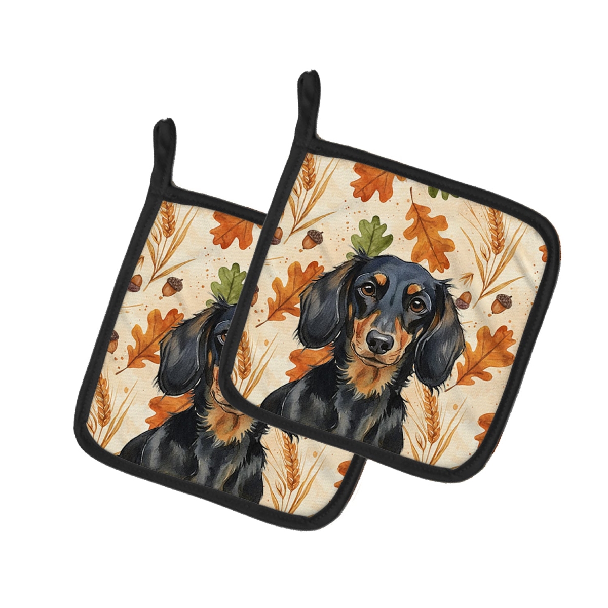 Picture of Carolines Treasures WDK7795PTHD 7.5 x 7.5 in. Longhaired Black & Tan Dachshund Heirloom Fall Pair of Pot Holders