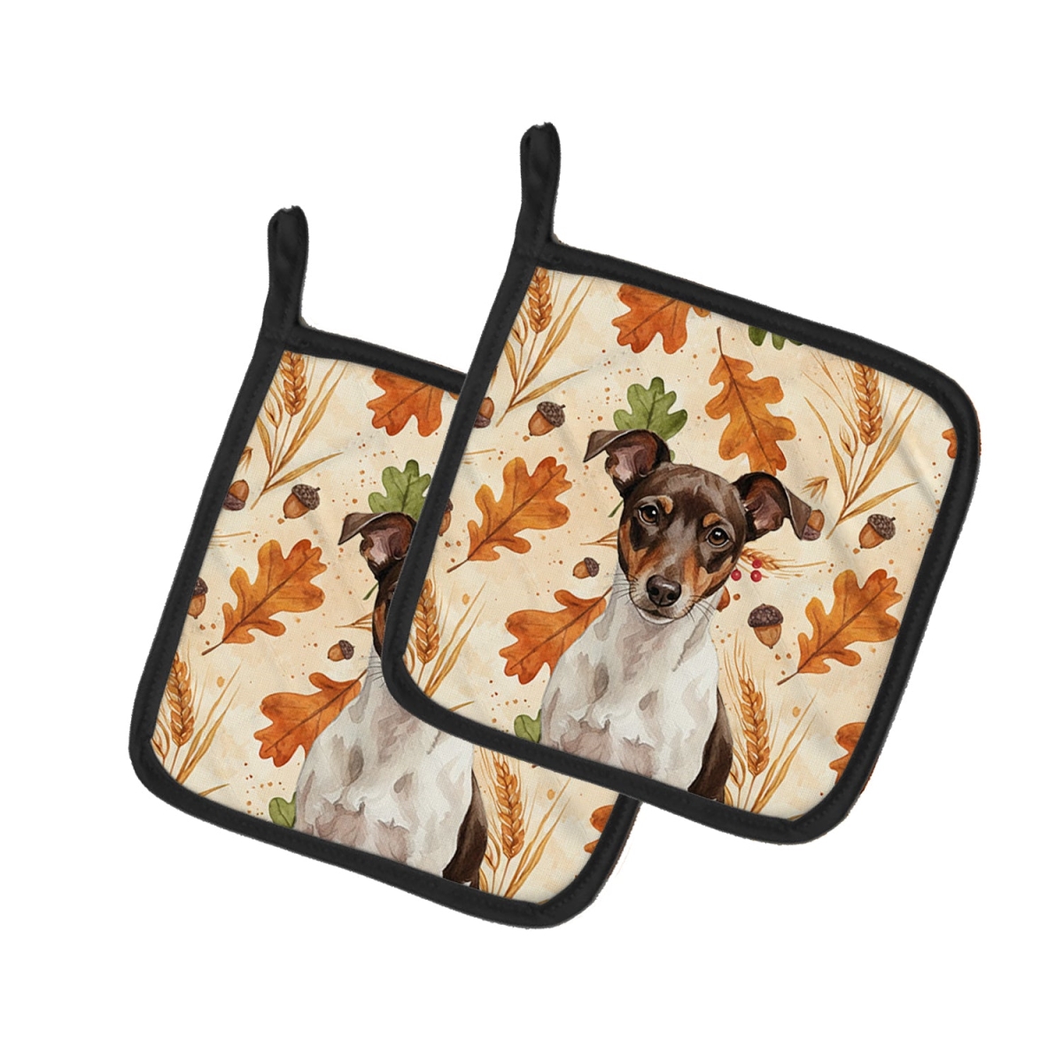 Picture of Carolines Treasures WDK7984PTHD 7.5 x 7.5 in. Chocolate & White Rat Terrier Heirloom Fall Pair of Pot Holders