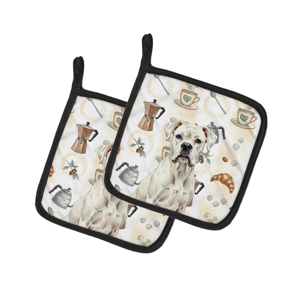 Picture of Carolines Treasures WDK7337PTHD 7.5 x 7.5 in. White Boxer Coffee Bar Pair of Pot Holders