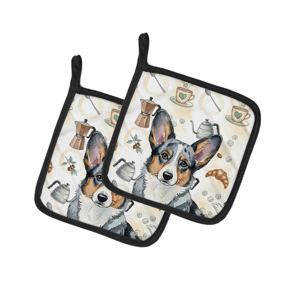 Picture of Carolines Treasures WDK7359PTHD 7.5 x 7.5 in. Blue Merle Cardigan Welsh Corgi Coffee Bar Pair of Pot Holders