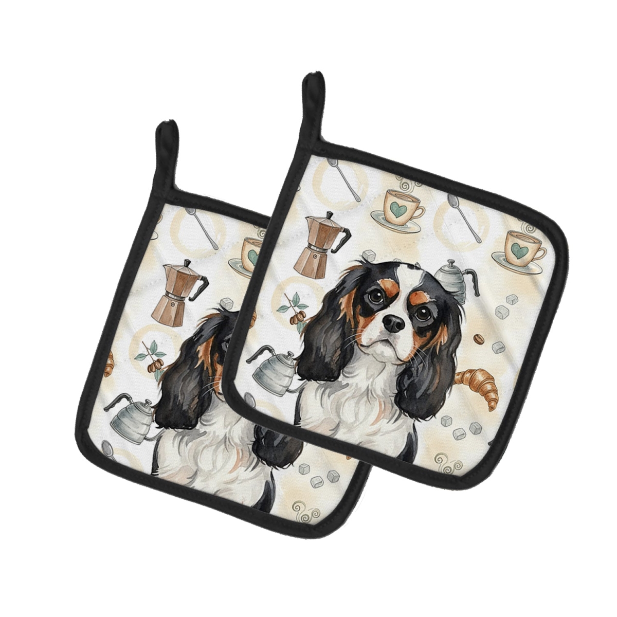 Picture of Carolines Treasures WDK7365PTHD 7.5 x 7.5 in. Tricolor Cavalier Spaniel Coffee Bar Pair of Pot Holders