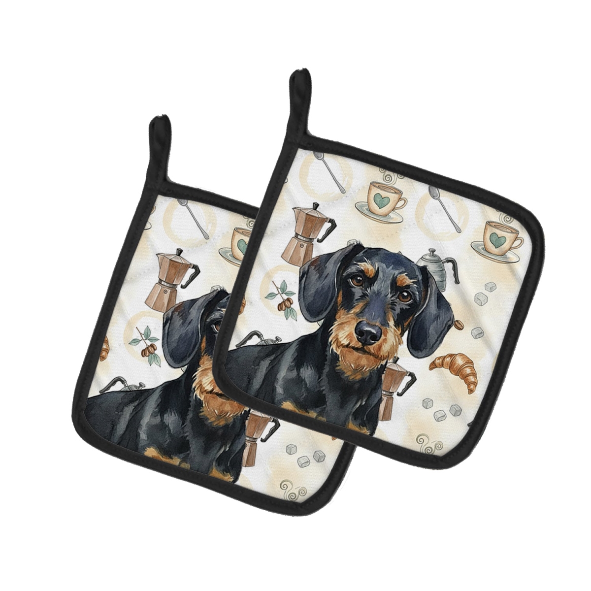 Picture of Carolines Treasures WDK7401PTHD 7.5 x 7.5 in. Wirehaired Black & Tan Dachshund Coffee Bar Pair of Pot Holders