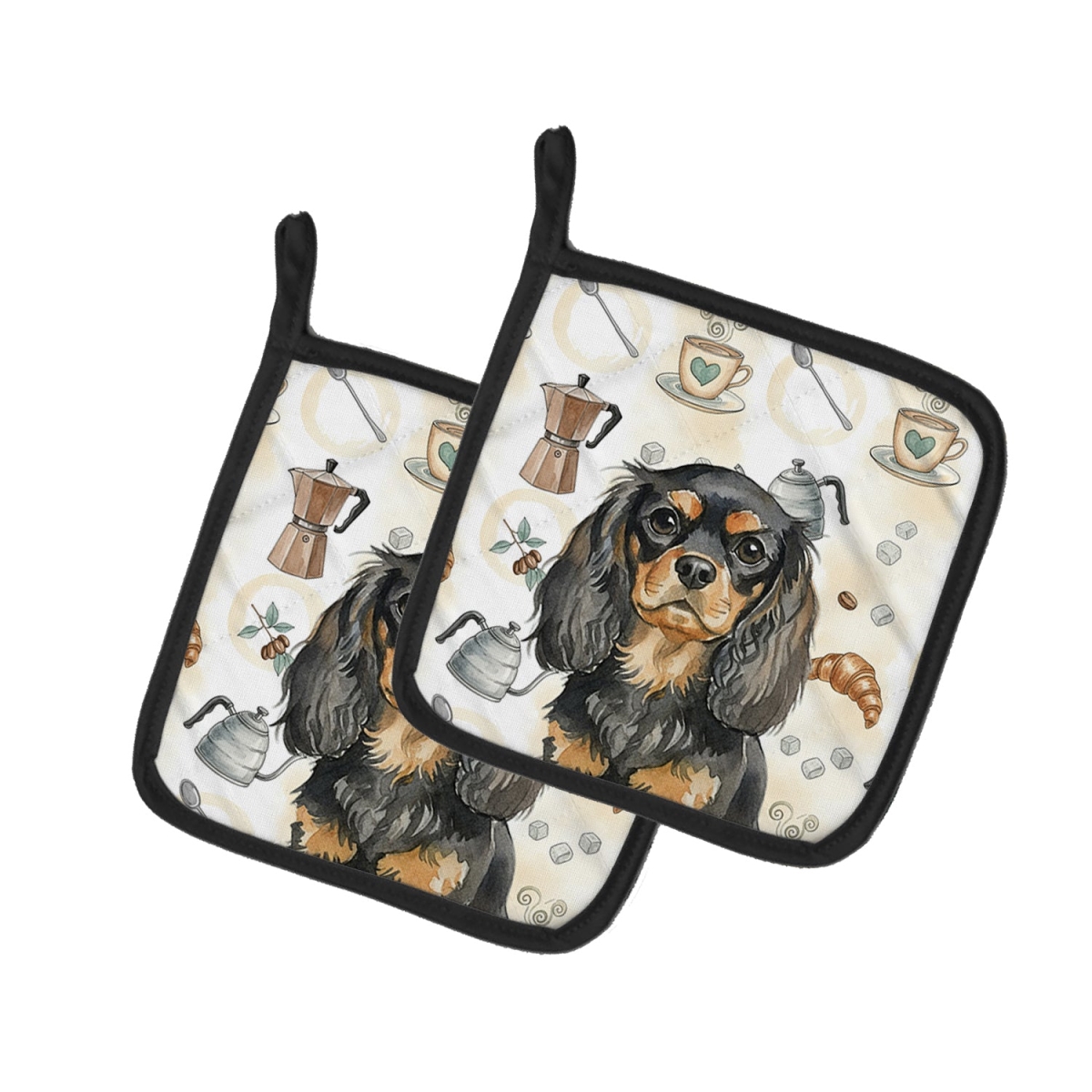 Picture of Carolines Treasures WDK7434PTHD 7.5 x 7.5 in. Black & Tan English Toy Spaniel Coffee Bar Pair of Pot Holders