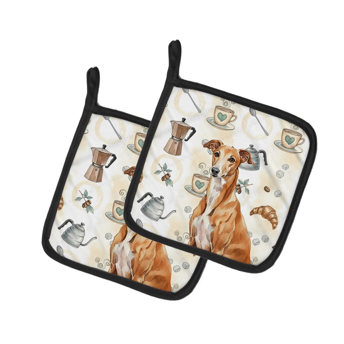 Picture of Carolines Treasures WDK7465PTHD 7.5 x 7.5 in. Red Greyhound Coffee Bar Pair of Pot Holders