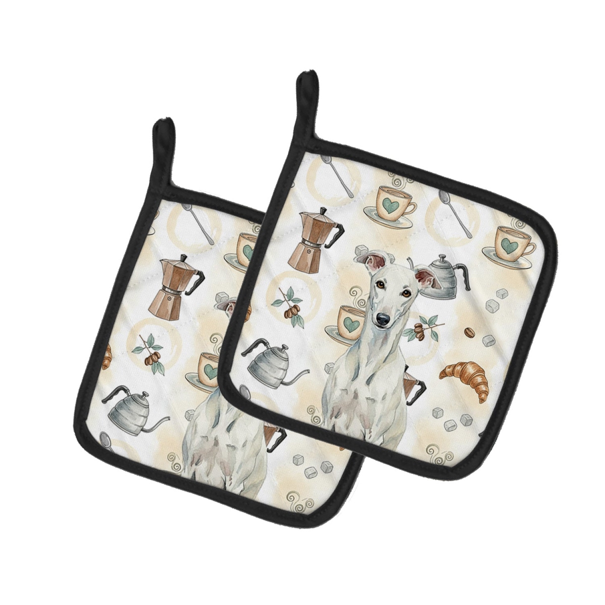 Picture of Carolines Treasures WDK7466PTHD 7.5 x 7.5 in. White Greyhound Coffee Bar Pair of Pot Holders