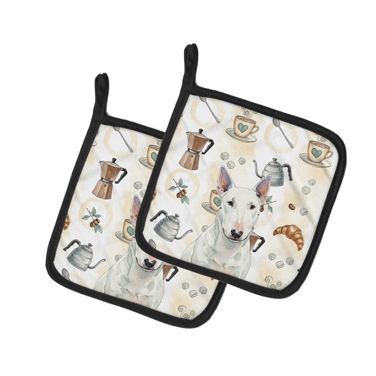 Picture of Carolines Treasures WDK7513PTHD 7.5 x 7.5 in. White Miniature Bull Terrier Coffee Bar Pair of Pot Holders