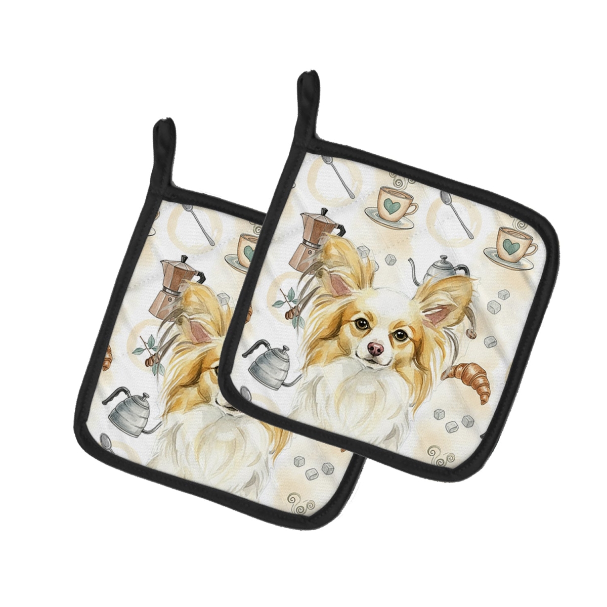 Picture of Carolines Treasures WDK7542PTHD 7.5 x 7.5 in. Lemon & White Papillon Coffee Bar Pair of Pot Holders