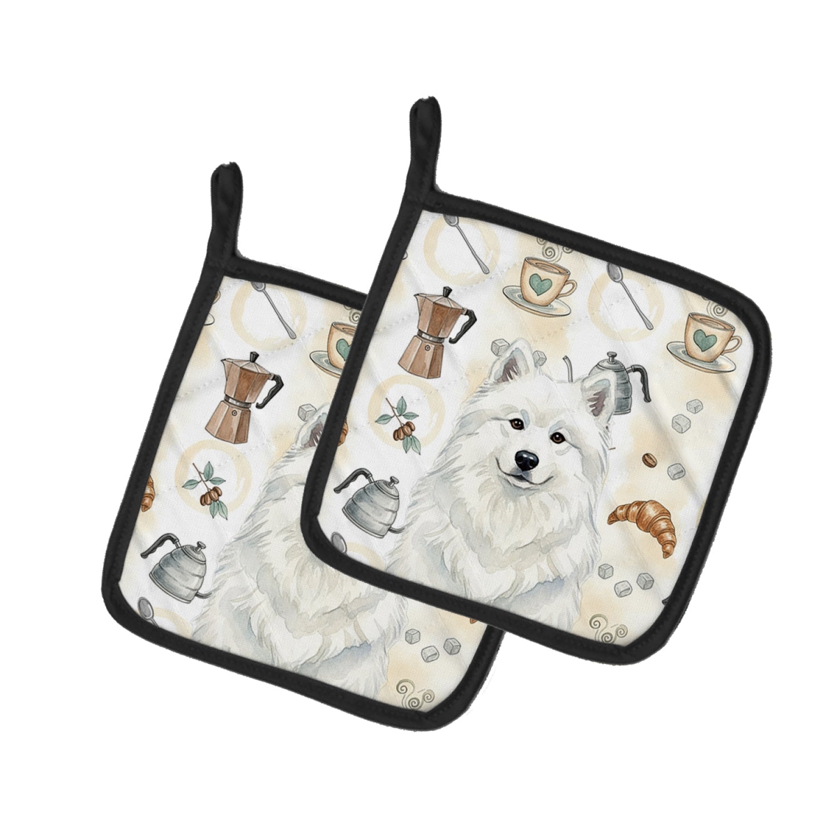 Picture of Carolines Treasures WDK7599PTHD 7.5 x 7.5 in. White Samoyed Coffee Bar Pair of Pot Holders