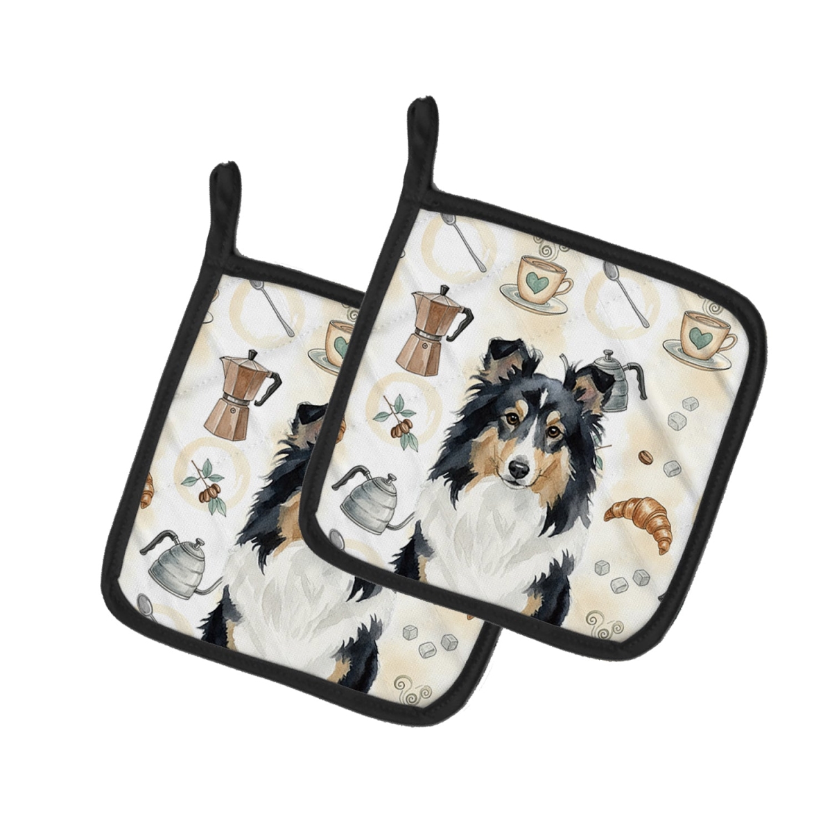 Picture of Carolines Treasures WDK7610PTHD 7.5 x 7.5 in. Tricolor Sheltie Coffee Bar Pair of Pot Holders