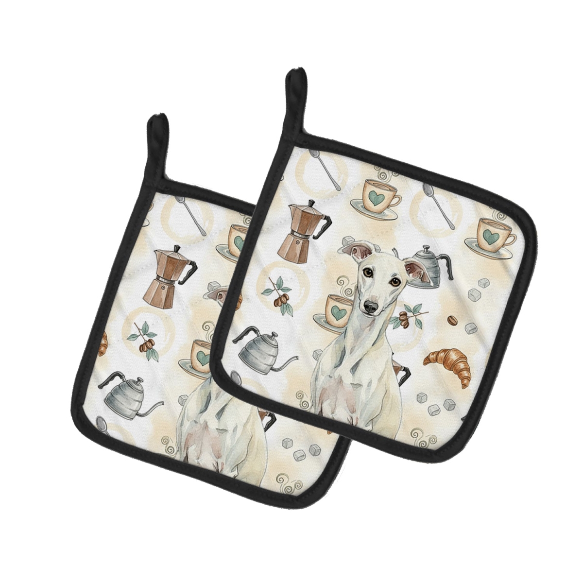 Picture of Carolines Treasures WDK7656PTHD 7.5 x 7.5 in. White Whippet Coffee Bar Pair of Pot Holders