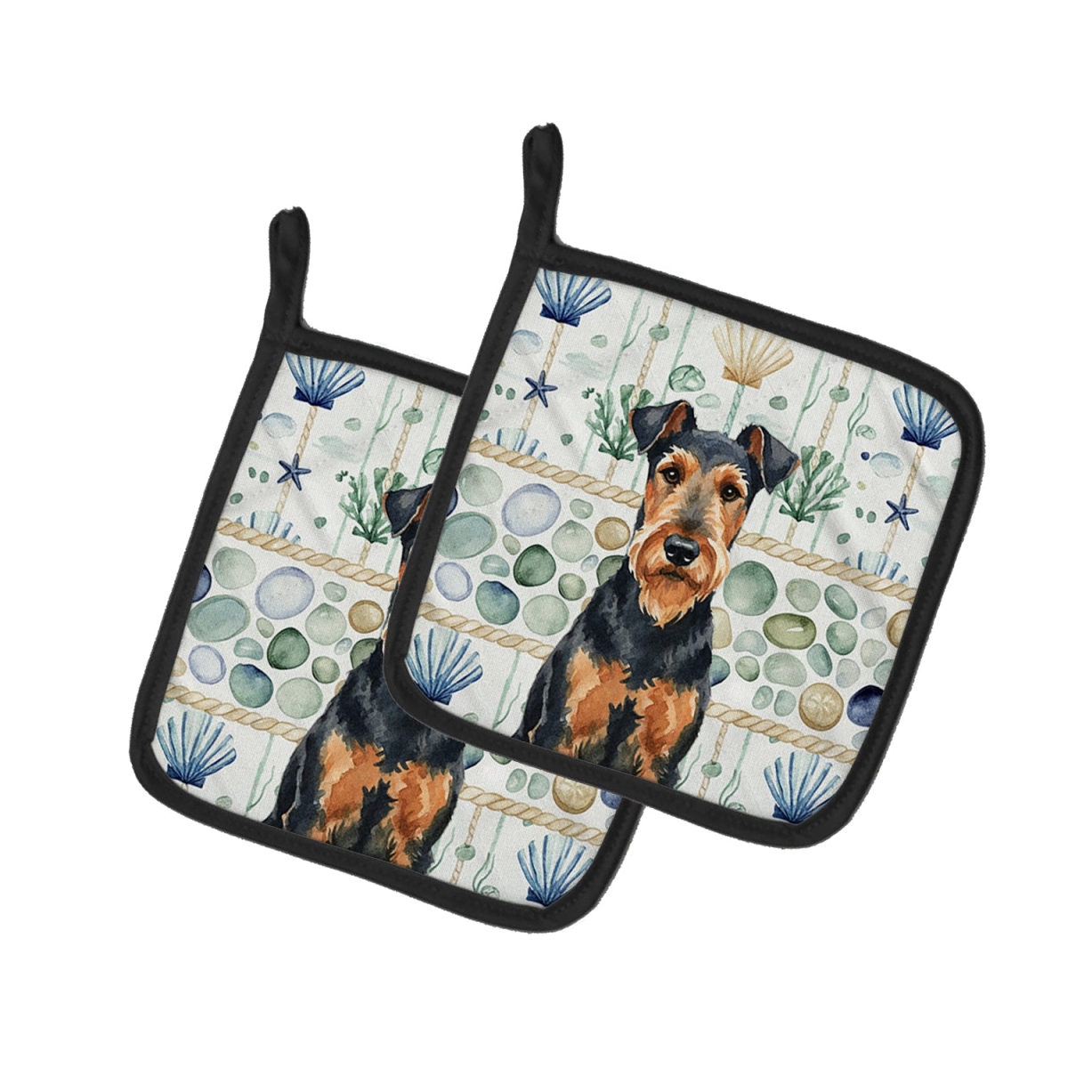 Picture of Carolines Treasures WDK6867PTHD 7.5 x 7.5 in. Airedale Terrier Coastal Sea Glass Pair of Pot Holders