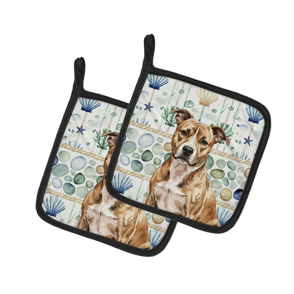 Picture of Carolines Treasures WDK6883PTHD 7.5 x 7.5 in. Brindle American Staffordshire Terrier Coastal Sea Glass Pair of Pot Holders