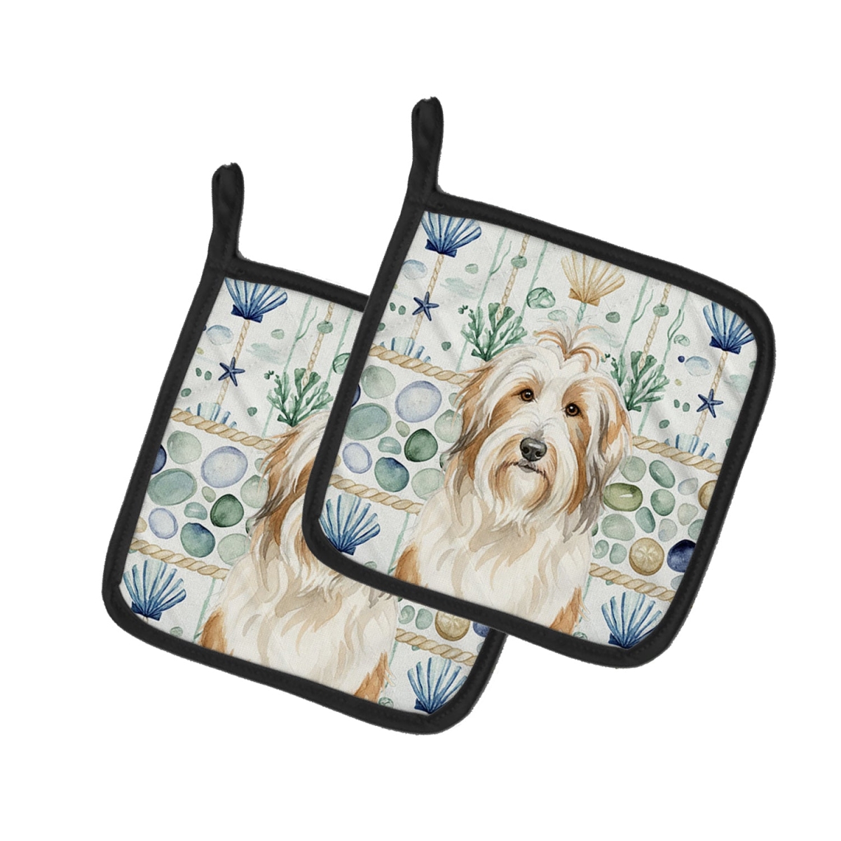Picture of Carolines Treasures WDK6905PTHD 7.5 x 7.5 in. White & Tan Bearded Collie Coastal Sea Glass Pair of Pot Holders