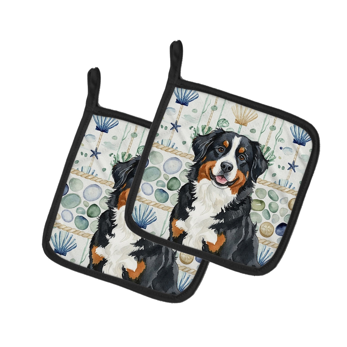 Picture of Carolines Treasures WDK6913PTHD 7.5 x 7.5 in. Bernese Mountain Dog Coastal Sea Glass Pair of Pot Holders
