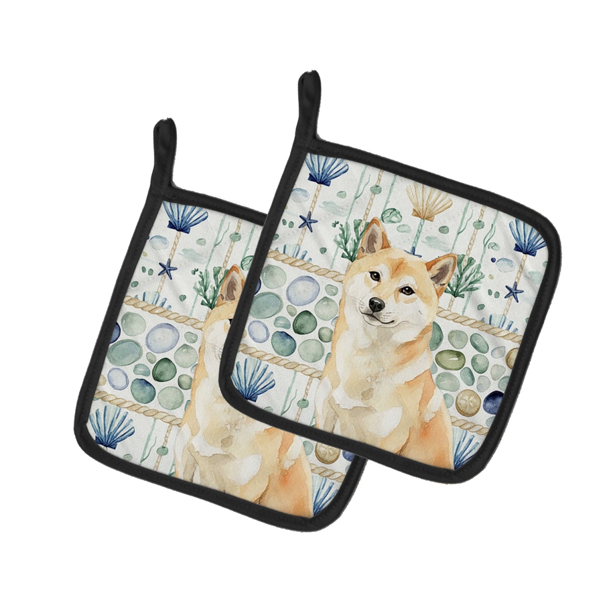 Picture of Carolines Treasures WDK7214PTHD 7.5 x 7.5 in. Cream Shiba Inu Coastal Sea Glass Pair of Pot Holders