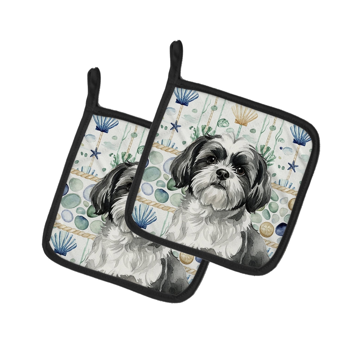 Picture of Carolines Treasures WDK7216PTHD 7.5 x 7.5 in. Black & White Shih Tzu Coastal Sea Glass Pair of Pot Holders