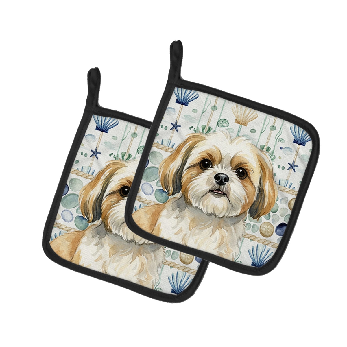 Picture of Carolines Treasures WDK7218PTHD 7.5 x 7.5 in. Gold & White Shih Tzu Coastal Sea Glass Pair of Pot Holders