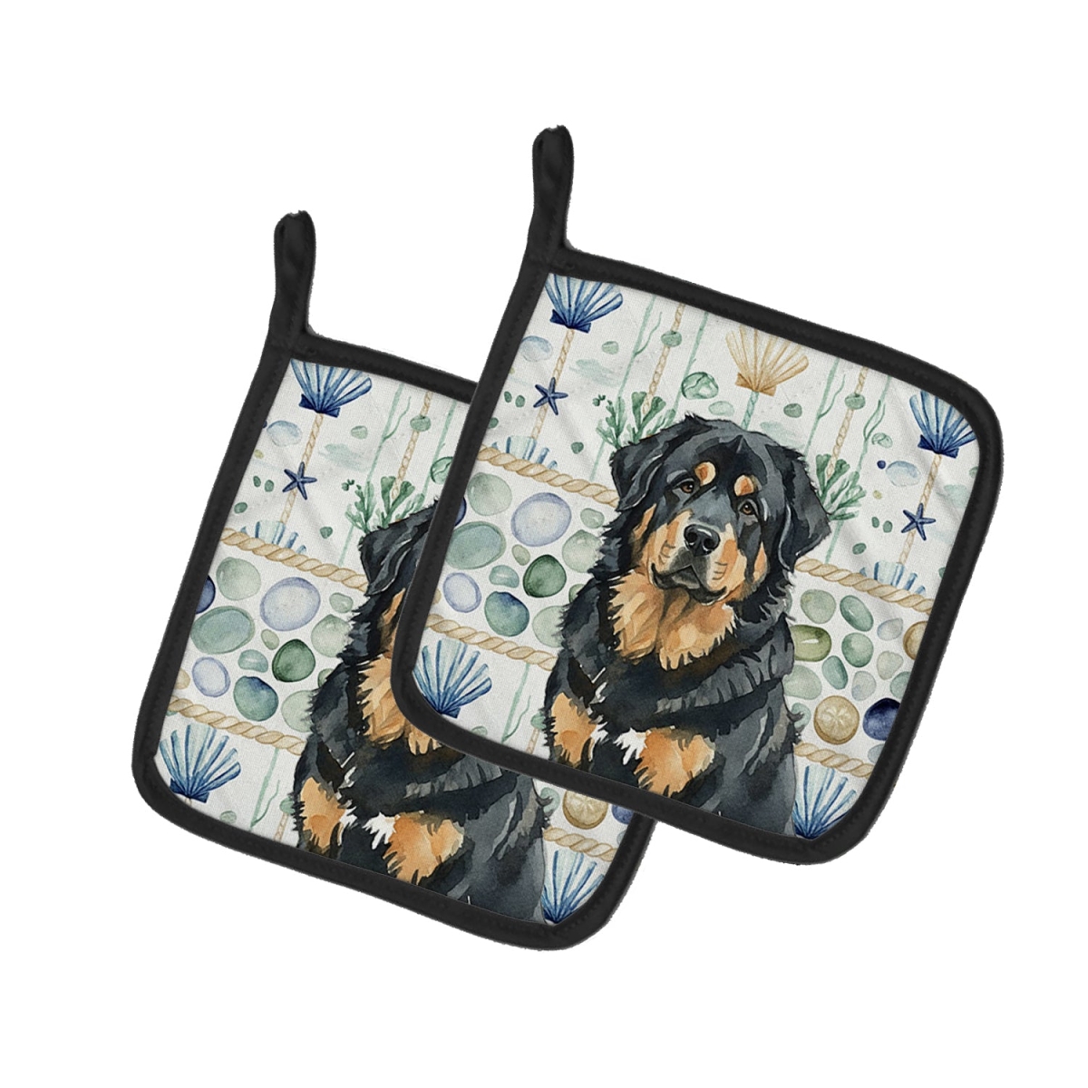 Picture of Carolines Treasures WDK7234PTHD 7.5 x 7.5 in. Black & Tan Tibetan Mastiff Coastal Sea Glass Pair of Pot Holders
