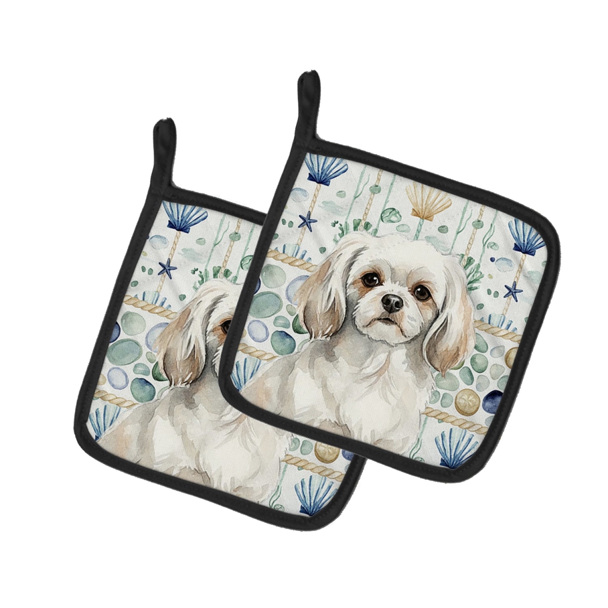 Picture of Carolines Treasures WDK7243PTHD 7.5 x 7.5 in. White Tibetan Spaniel Coastal Sea Glass Pair of Pot Holders
