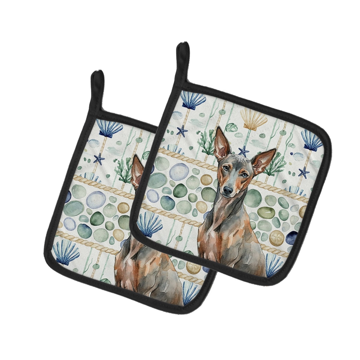 Picture of Carolines Treasures WDK7261PTHD 7.5 x 7.5 in. Xoloitzcuintli Coastal Sea Glass Pair of Pot Holders