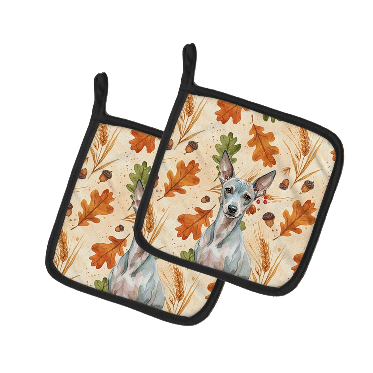 Picture of Carolines Treasures WDK7678PTHD 7.5 x 7.5 in. American Hairless Terrier Heirloom Fall Pair of Pot Holders