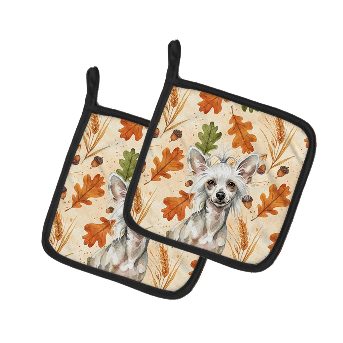 Picture of Carolines Treasures WDK7774PTHD 7.5 x 7.5 in. Hairless Mottled Pattern Chinese Crested Heirloom Fall Pair of Pot Holders