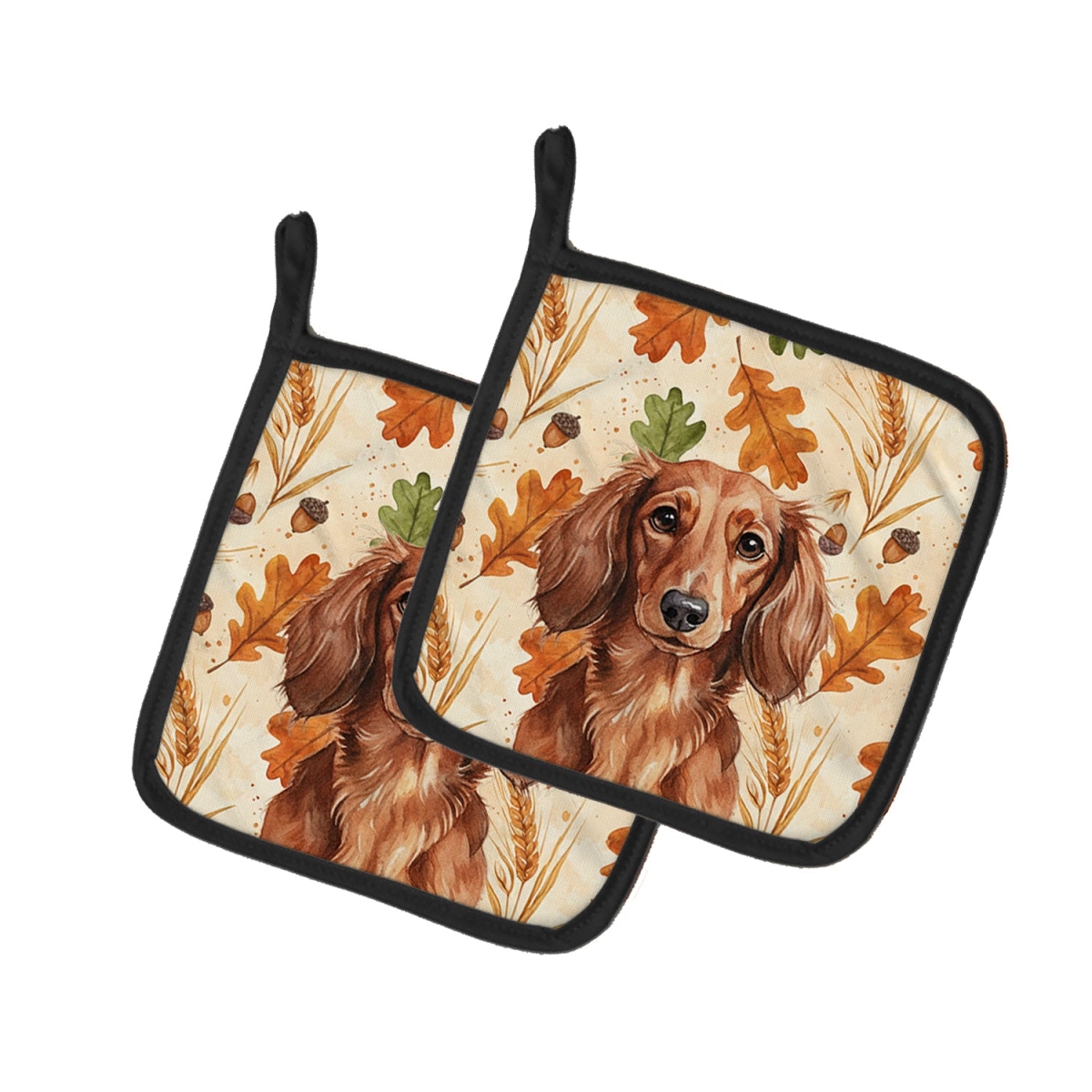 Picture of Carolines Treasures WDK7799PTHD 7.5 x 7.5 in. Longhaired Red Dachshund Heirloom Fall Pair of Pot Holders