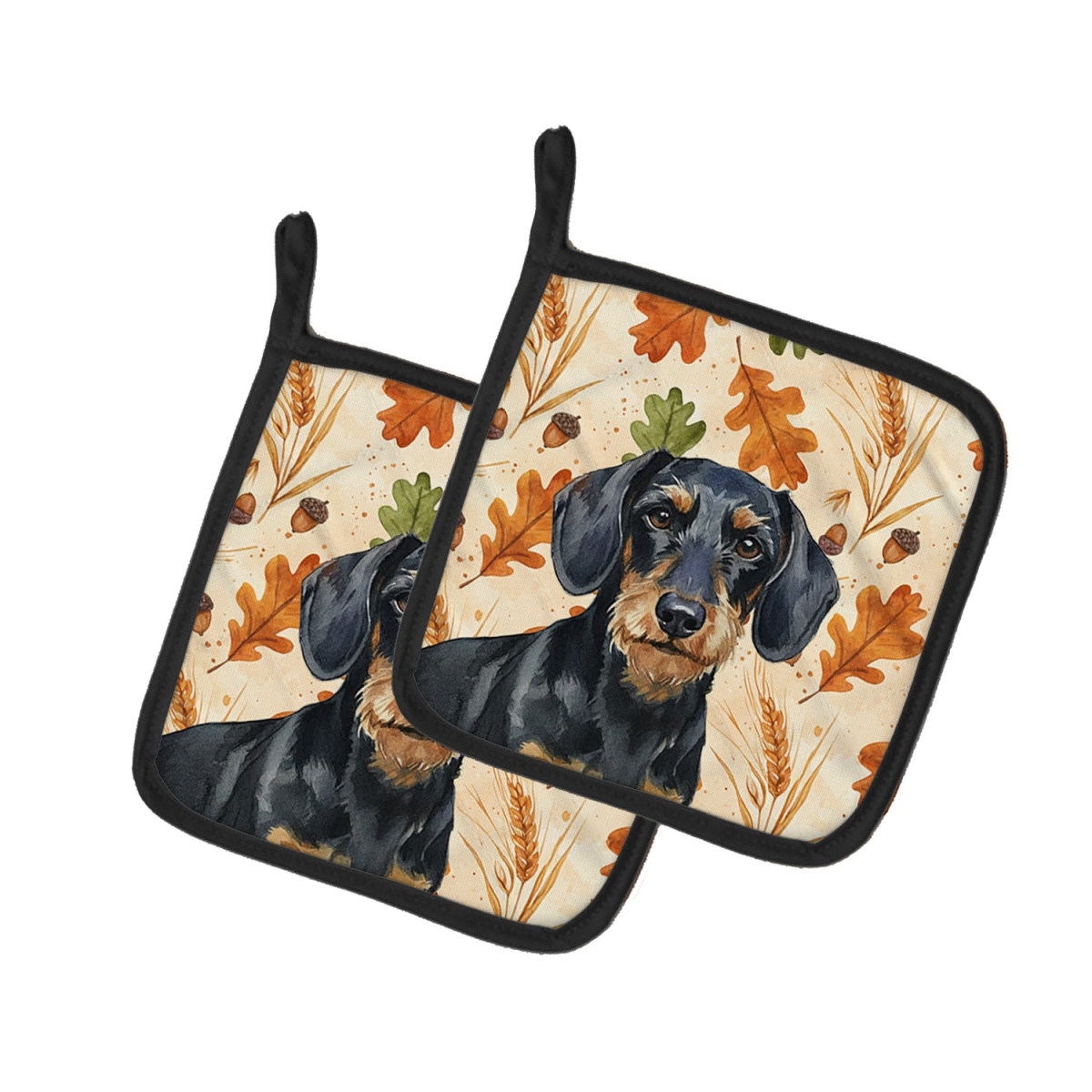 Picture of Carolines Treasures WDK7801PTHD 7.5 x 7.5 in. Wirehaired Black & Tan Dachshund Heirloom Fall Pair of Pot Holders