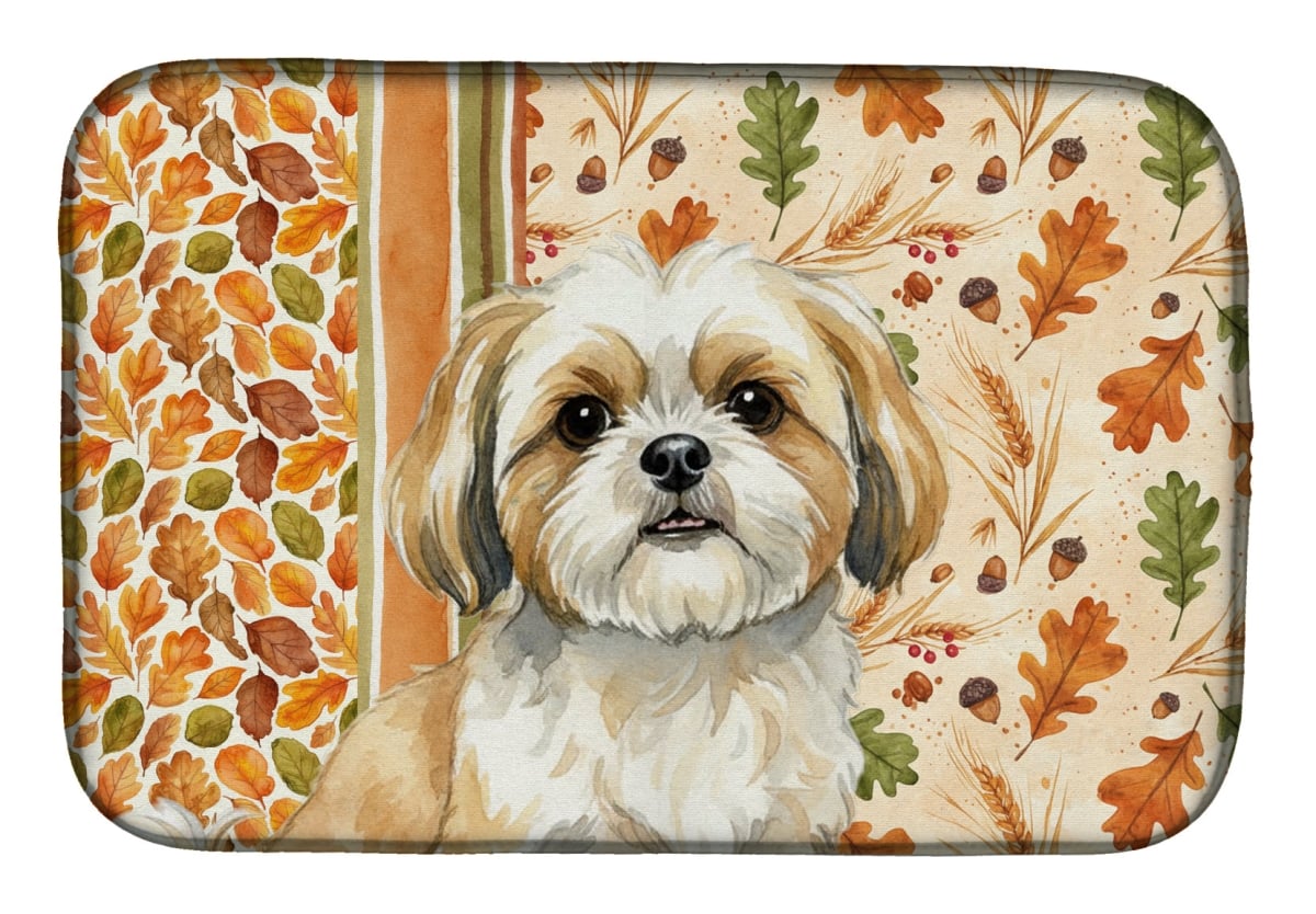 WDK8018DDM 21 x 14 in. Gold & White Shih Tzu Heirloom Fall Dish Drying Mat - Multi Color