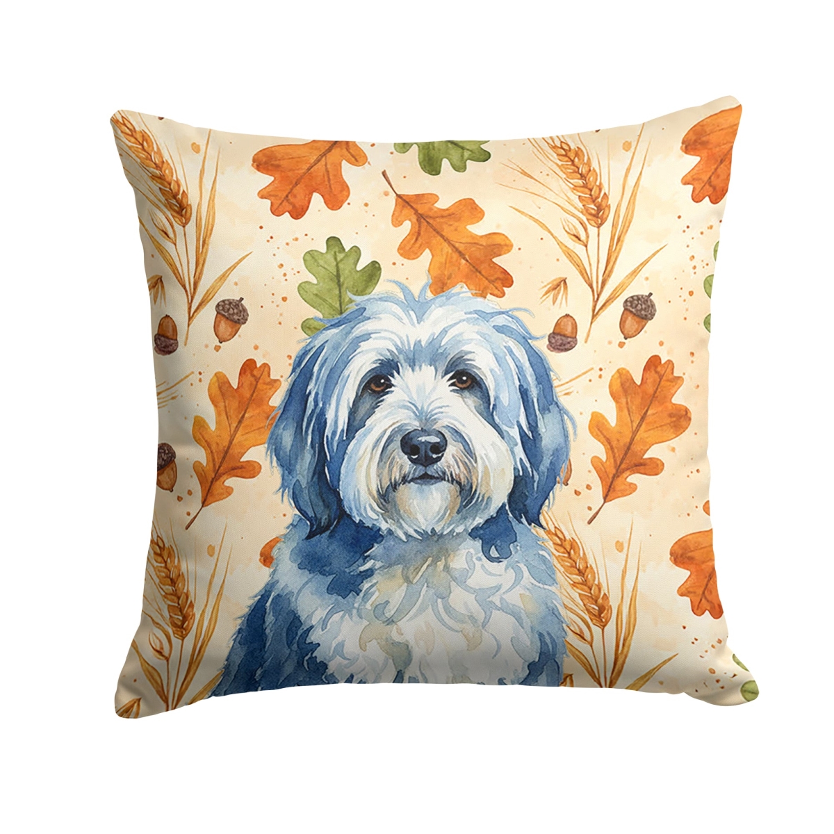 WDK7936PW1414 14 x 14 in. Blue & White Old English Sheepdog Heirloom Fall Throw Pillow