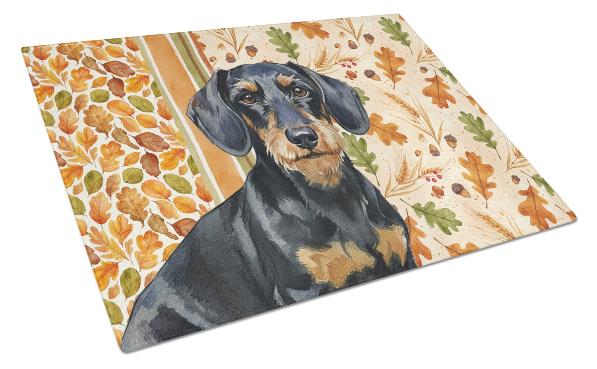 Picture of Carolines Treasures WDK7801LCB 15 x 12 in. Wirehaired Black & Tan Dachshund Heirloom Fall Glass Cutting Board
