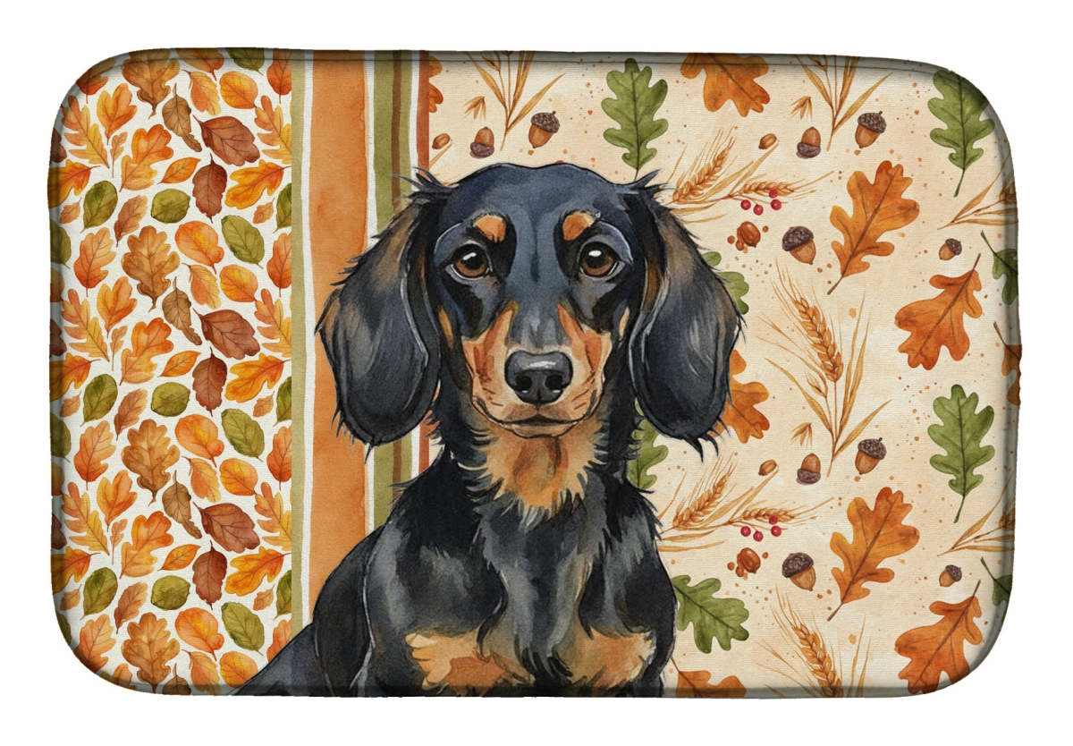 Picture of Carolines Treasures WDK7795DDM 21 x 14 in. Longhaired Black & Tan Dachshund Heirloom Fall Dish Drying Mat - Multi Color