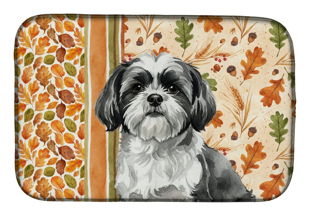 WDK8016DDM 21 x 14 in. Black & White Shih Tzu Heirloom Fall Dish Drying Mat - Multi Color