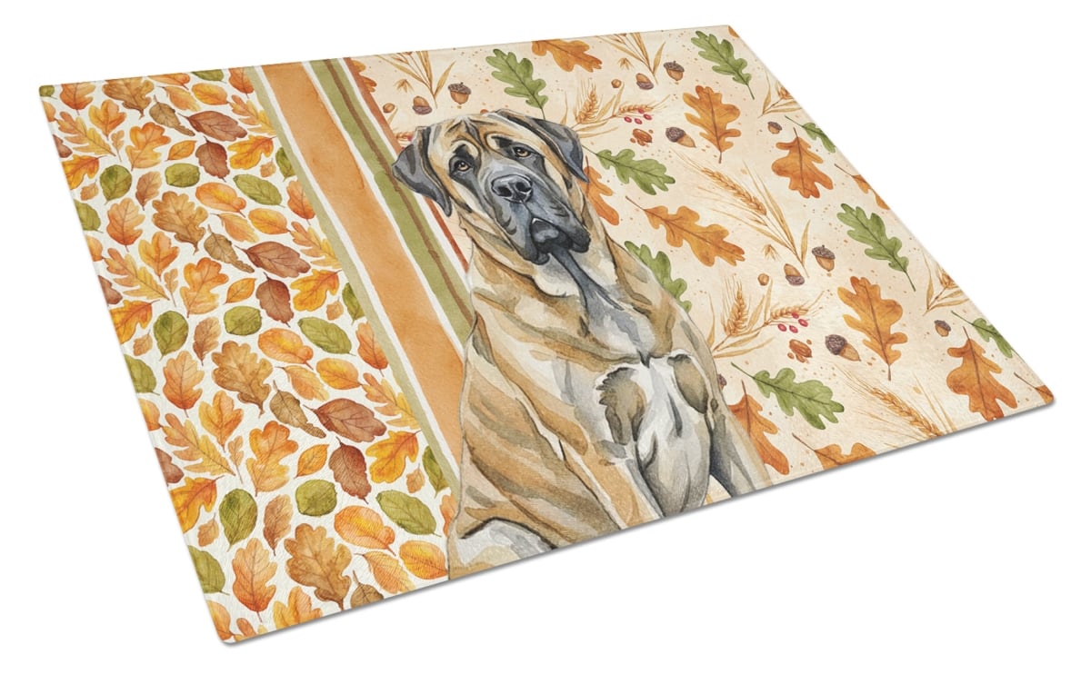 Picture of Carolines Treasures WDK7825LCB 15 x 12 in. Brindle English Mastiff Heirloom Fall Glass Cutting Board