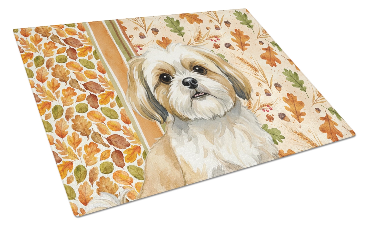 Picture of Carolines Treasures WDK8018LCB 15 x 12 in. Gold & White Shih Tzu Heirloom Fall Glass Cutting Board