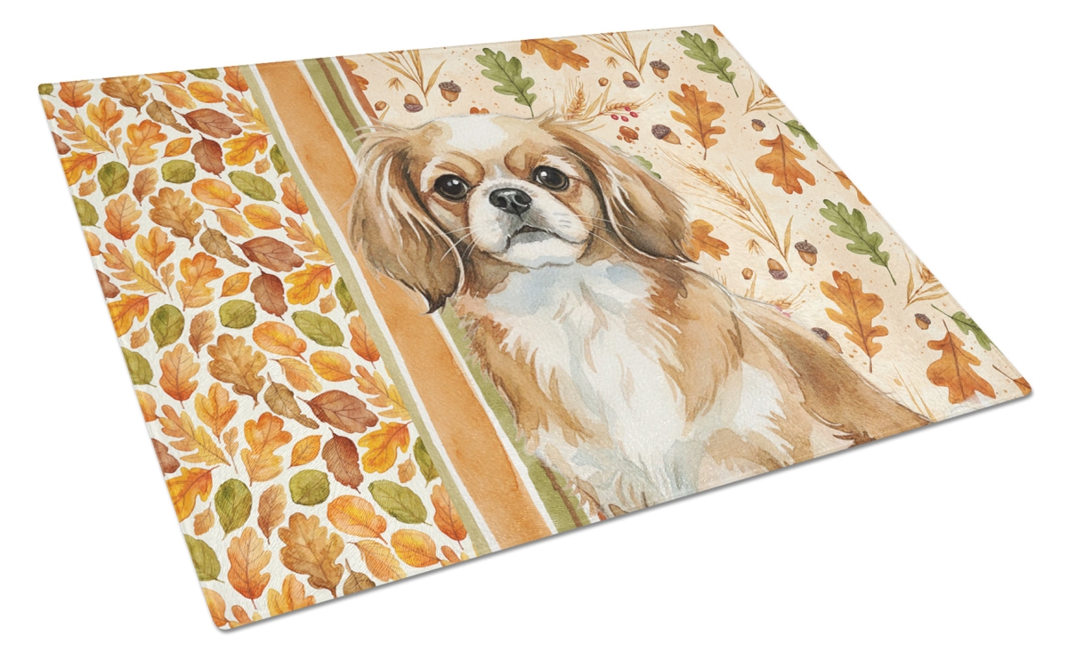 Picture of Carolines Treasures WDK8038LCB 15 x 12 in. Tibetan Spaniel Heirloom Fall Glass Cutting Board