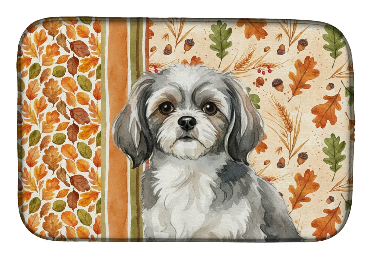 WDK8041DDM 21 x 14 in. Gray & White Tibetan Spaniel Heirloom Fall Dish Drying Mat - Multi Color
