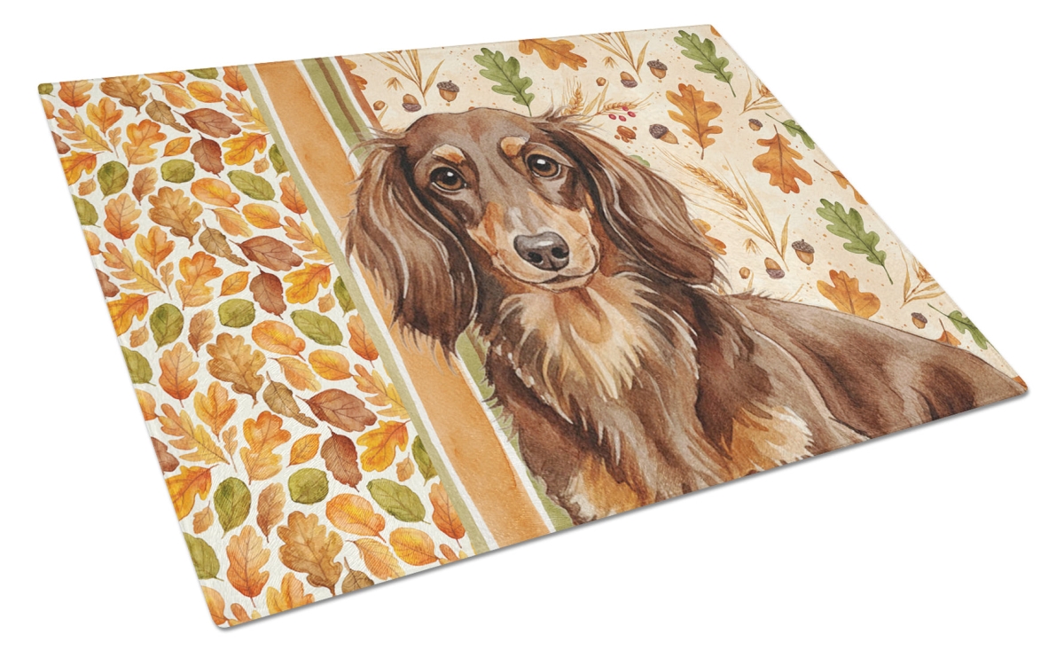Picture of Carolines Treasures WDK7796LCB 15 x 12 in. Longhaired Chocolate & Tan Dachshund Heirloom Fall Glass Cutting Board